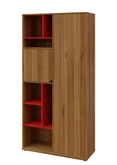 KSR6-83 P skříň šatní, 1x výsuvné ramínko, dvířka, niky, 2053x1022x400 mm, provedení pravé, korpus a dvířka ořech světlý/police červená